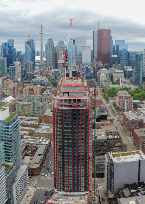 JCL Concrete Pumping completing the final roof concrete pour at 180 Front Street East Condominium, a high-rise construction project in downtown Toronto.