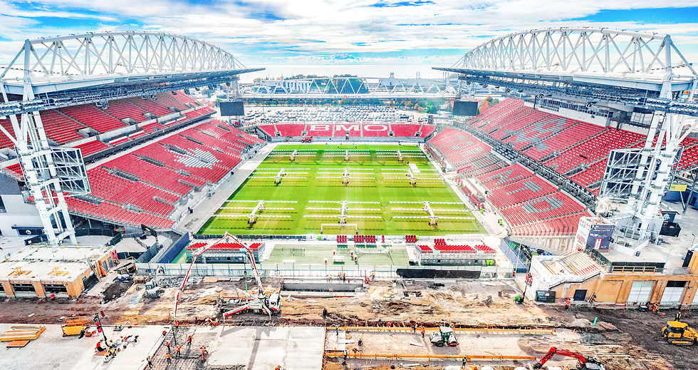Aerial view of construction underway at Toronto’s BMO Field showing concrete work and stadium expansion in preparation for FIFA 2026