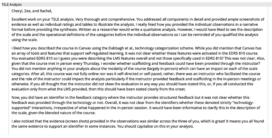 Screenshot of the Instructor's remarks highlighting the project's positive aspects and encouraging the team to capitalize on the triangulation in the analysis next time.