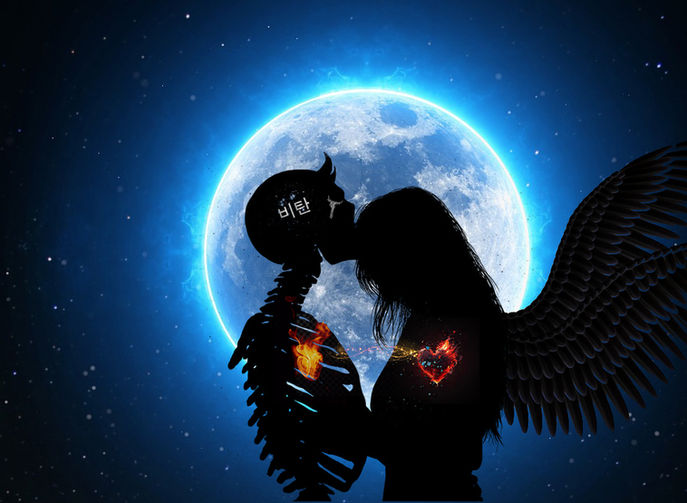 L'amour Est Mort — silhouetted winged woman kissing a skeletal figure in front of a glowing full moon, with fire and illuminated hearts.