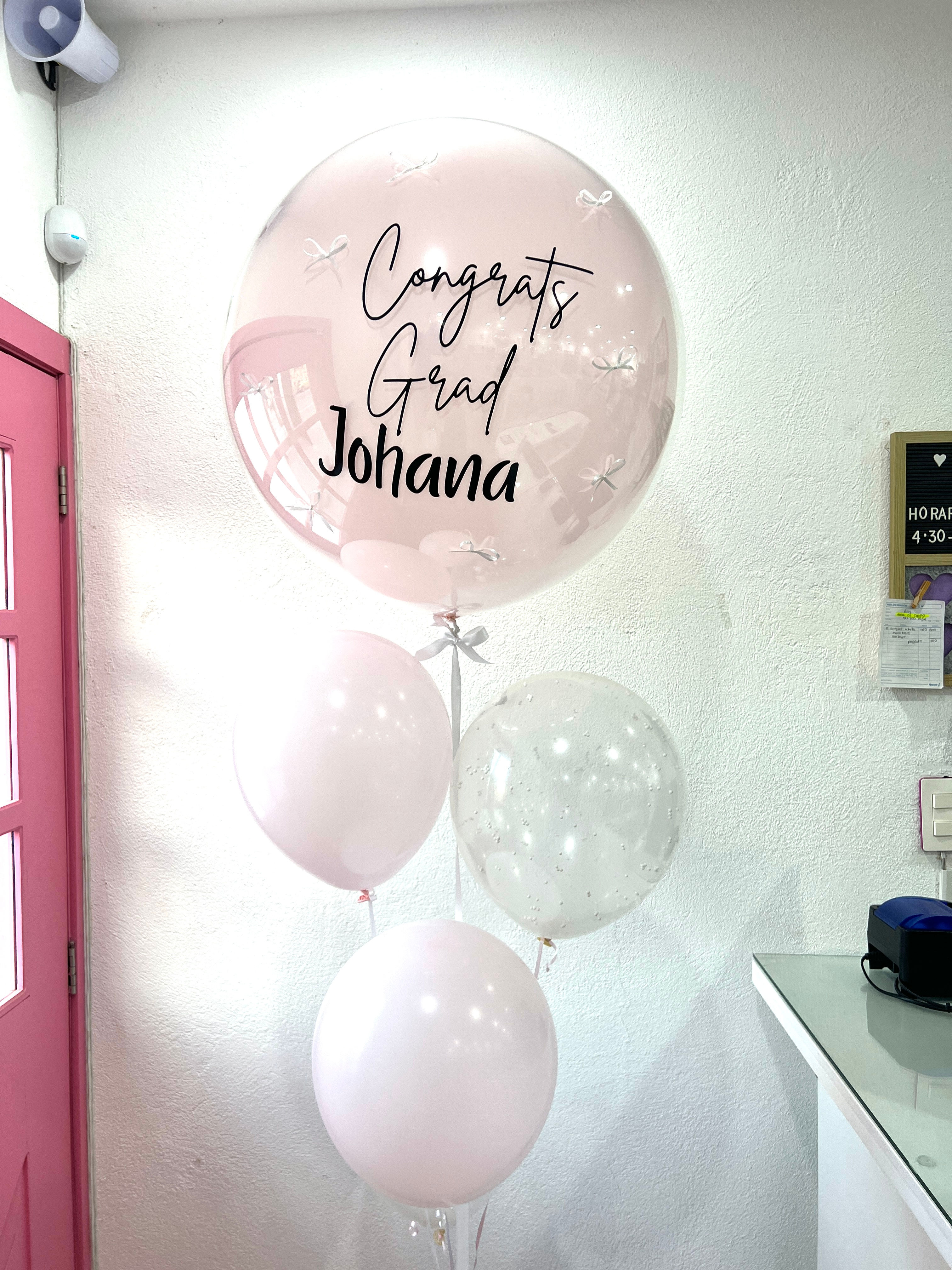 globo englobado con moños +2 globos latex+2globos con perlas microfil