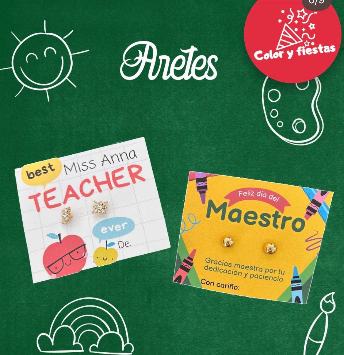 aretes con tarjeta día del maestro