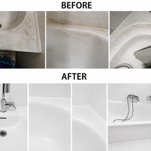 Cleaned bathtub after professional deep cleaning service in the Netherlands, spotless and hygienic result with stains and lim