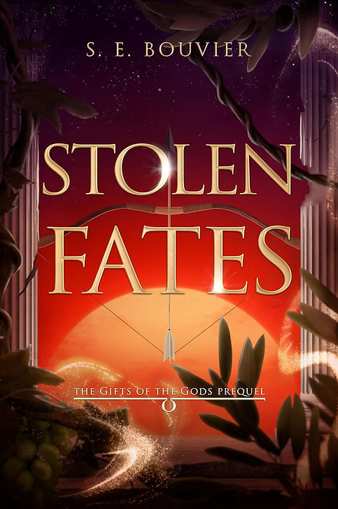 The image is the cover for Stolen Fates by S.E. Bouvier. It shows a bow and arrow against an orange sunset.