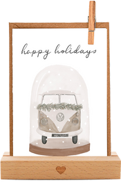 Einzigartige handgemachte Weihnachtsgrusskarte mit charmantem Aquarellmotiv: Ein beiger Oldtimer VW-Bus in einer Glasschneekugel mit dem Text 'happy holidays' - Kreative und festliche Karte für herzliche Weihnachtsgrüße