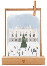 Handgemachte Weihnachtsgrusskarte mit liebevollem Aquarellmotiv: Zürich Opernhaus Schlittschuhbahn, Zurich Operahouse Ice Skating - Schöne und feierliche Karte für Weihnachten und den Winter
