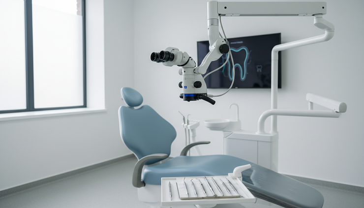 Close-up view of a dental microscope positioned over a treatment chair