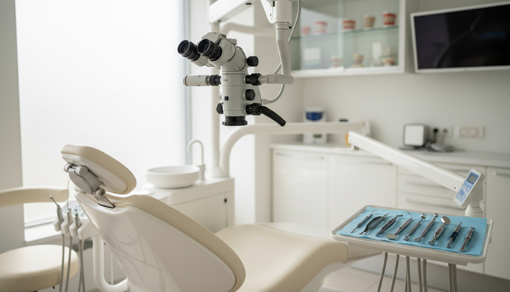 Close-up view of a dental operating microscope above a treatment chair