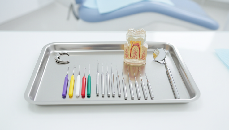 Top-down view of root canal instruments beside a tooth model