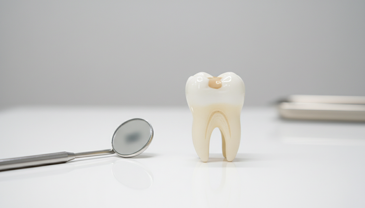 Eye-level view of a restored molar tooth model near a dental mirror.