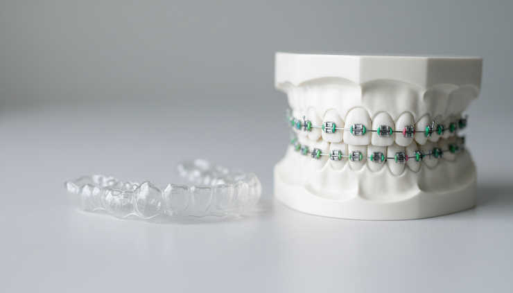 Eye-level view of a clear aligner tray beside a set of metal braces.