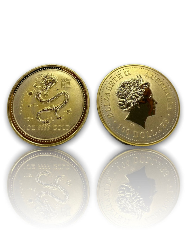 Australian 1 Oz Gold plated 100 Dollars "Lunar Dragon" 2000 Coin REPLICA