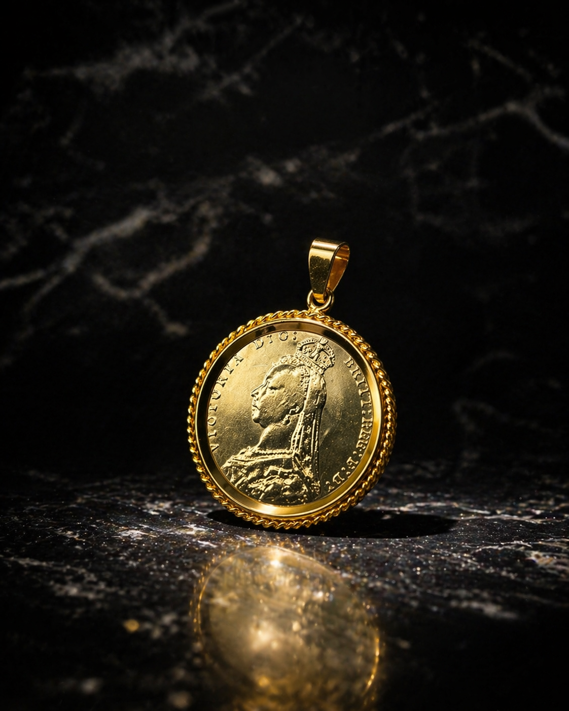 22mm Gold Plated Pendant with Queen Victoria Coin, 22k plated Twisted Bezel Ster