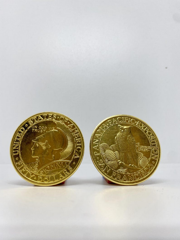 Gold plated coin 50 dollars Panama Pacific International Exposition, restrike