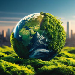 Sustainable world. Globe with blurred city background