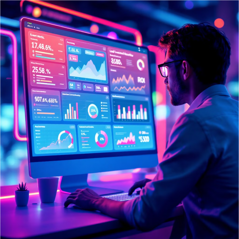 A person in glasses views colorful data analytics and event ROI on a large screen in a neon-lit room, surrounded by pink and blue hues. Charts and graphs are visible.