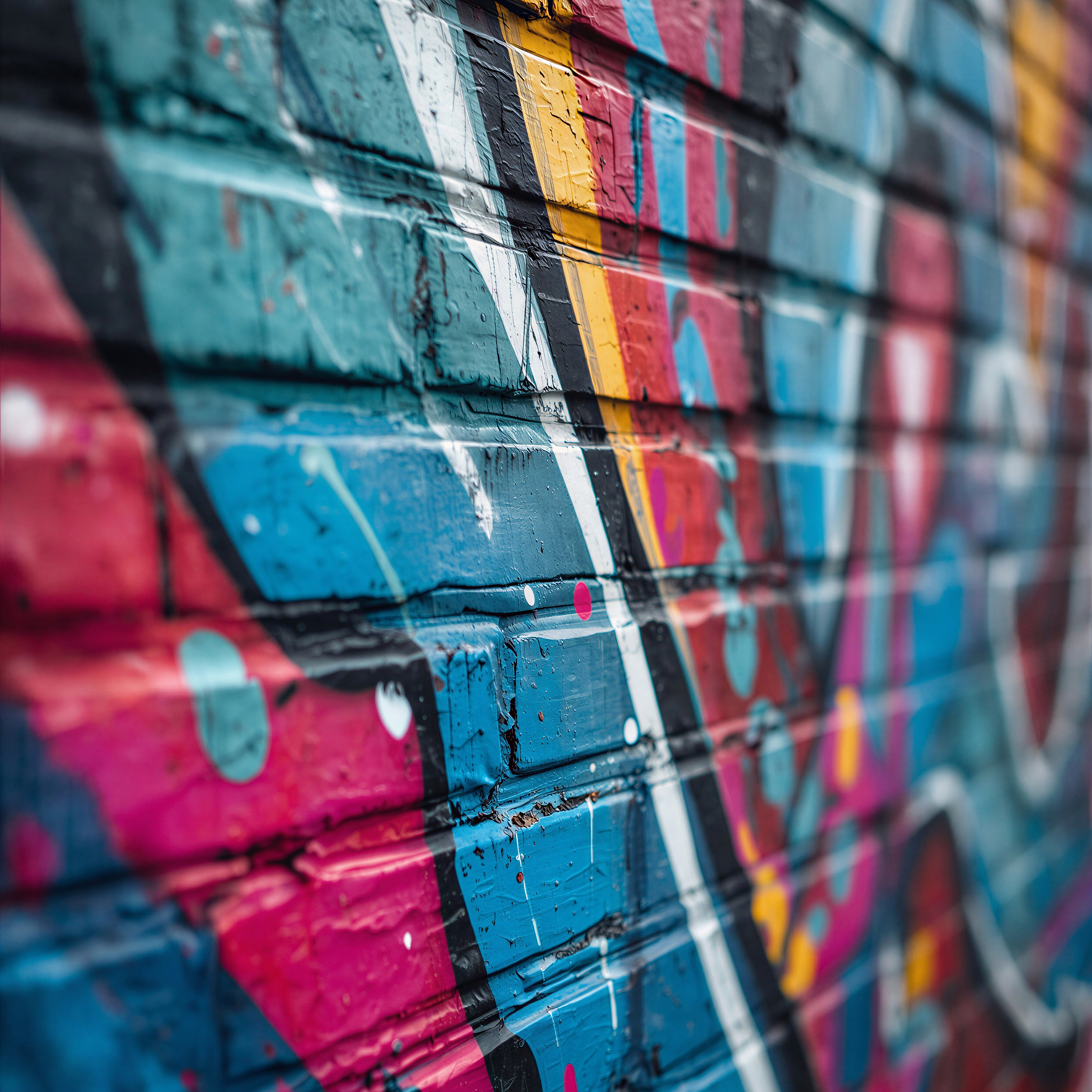 Close-up of colorful abstract graffiti on a brick wall, with blue, pink, yellow and black paint in a moody urban scene of Shoreditch London