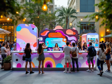 Vibrant outdoor brand activation with colorful patterns. People interacting, some taking photos. Palm trees and lights create a lively atmosphere.