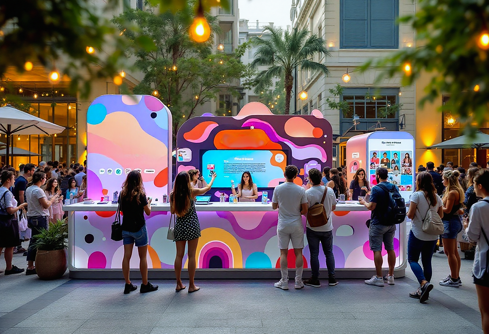 Vibrant outdoor brand activation with colorful patterns. People interacting, some taking photos. Palm trees and lights create a lively atmosphere.