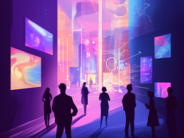 Silhouetted people stand in a vibrant, futuristic gallery with glowing neon and colorful digital art on walls, creating an immersive atmosphere.