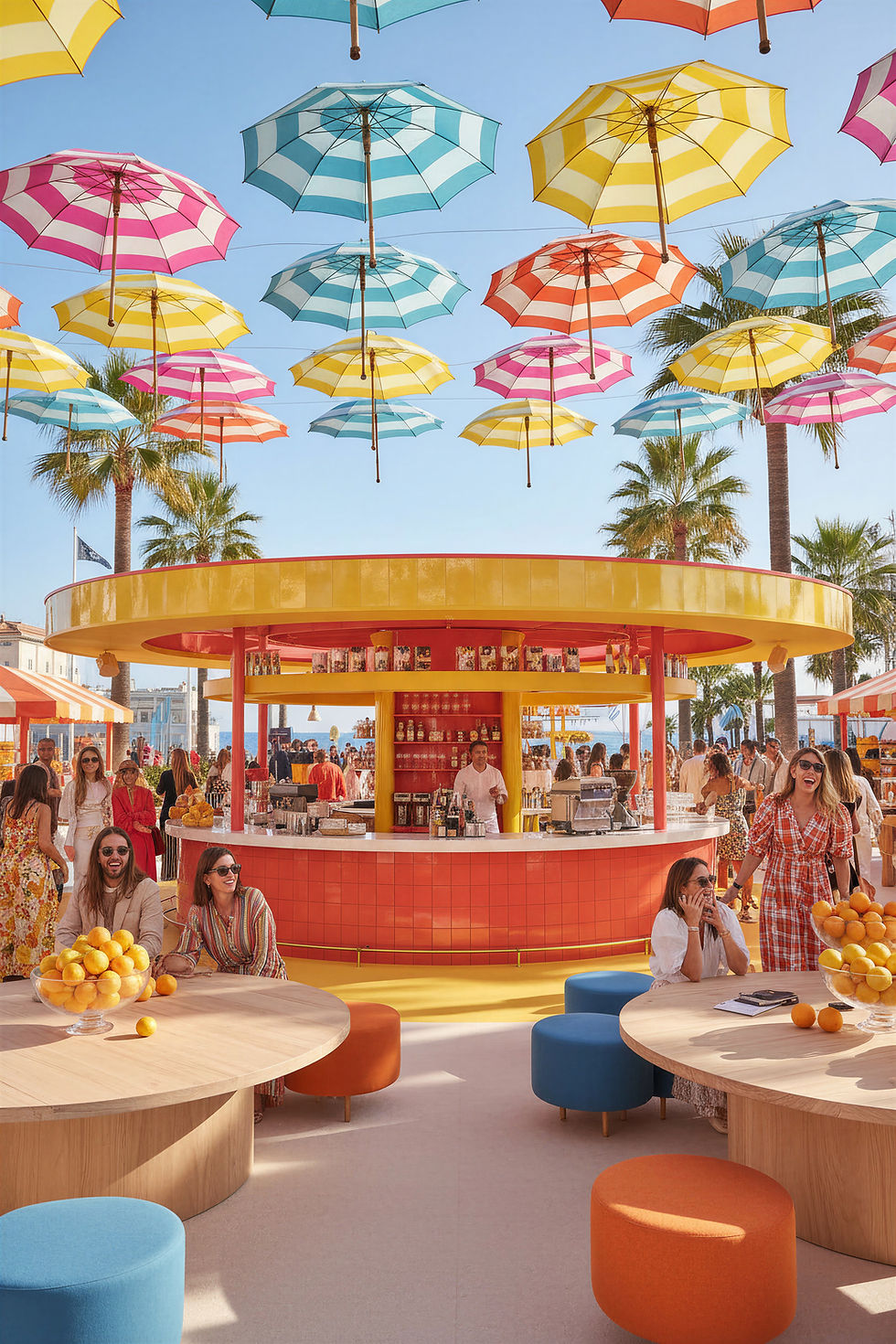 Beach Club Activation. Colorful striped umbrellas float above a lively beach bar with people, palm trees, and fruit bowls under a sunny blue sky.