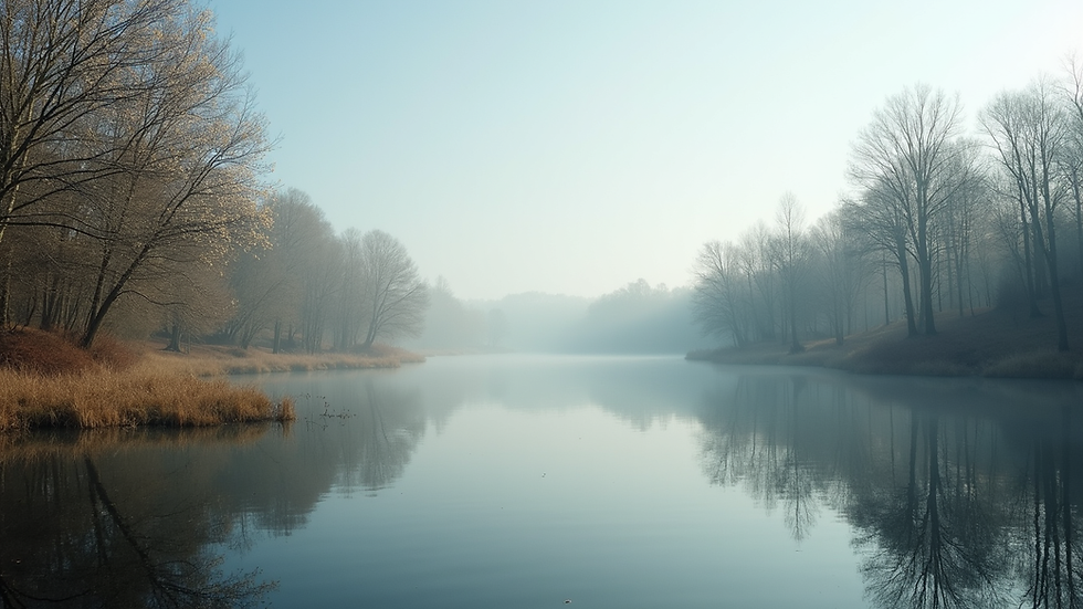 Eye-level view of a serene landscape with a peaceful lake