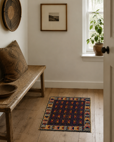 Vintage Afghan Baluch Geometric Bag-Face Rug – 1′8″ × 1′11