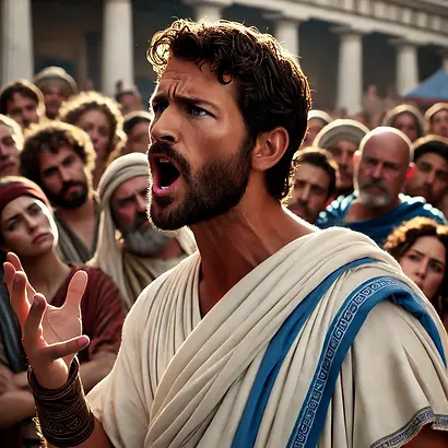 DALL·E 2025-03-11 21.20.08 - A Greek man with short, wavy dark hair and a well-groomed beard, wearing a white tunic with a blue himation draped over one shoulder. He is passionate.webp