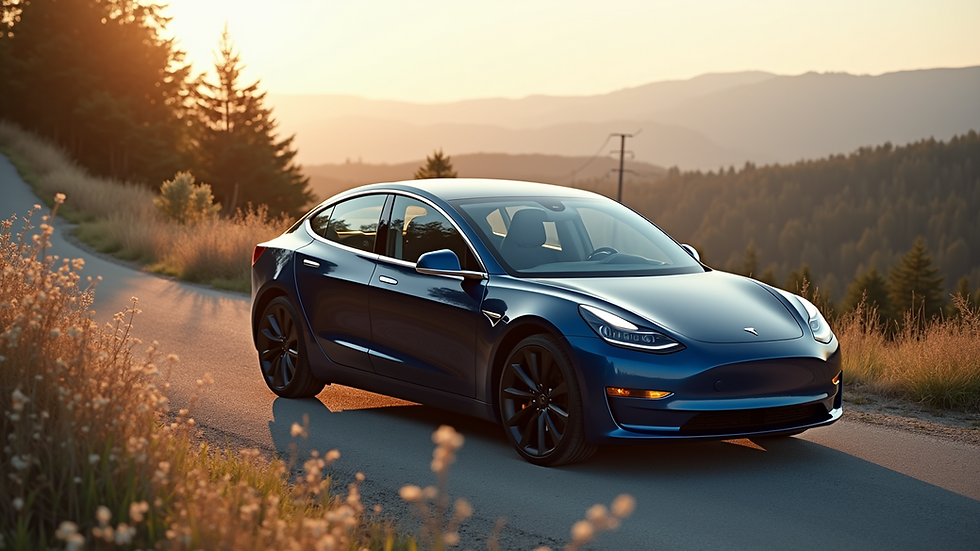 High angle view of a Tesla Model 3 parked in a scenic outdoor location