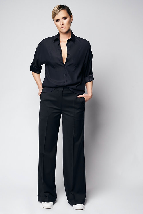 Loose Shirt Silk Blue Black