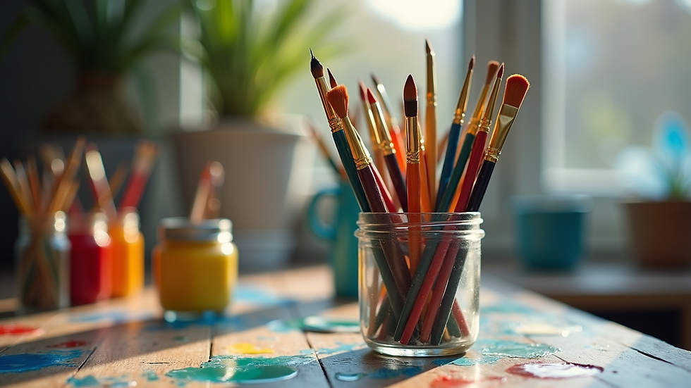 Close-up view of colorful paintbrushes in a jar on a wooden table