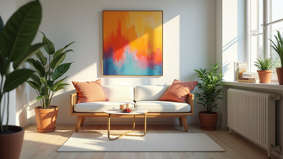 Eye-level view of an art therapy room with colorful artwork