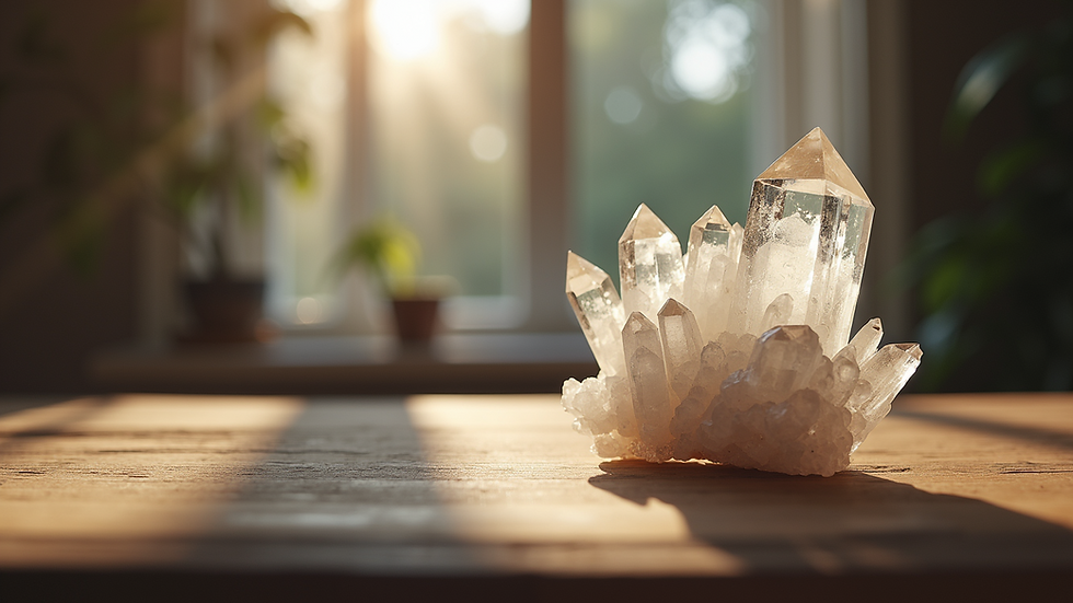 Eye-level view of a crystal cluster on a wooden table