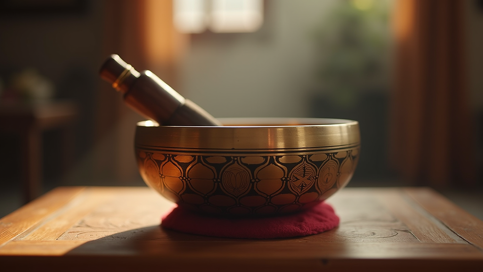 Close-up view of Tibetan singing bowl on wooden surface