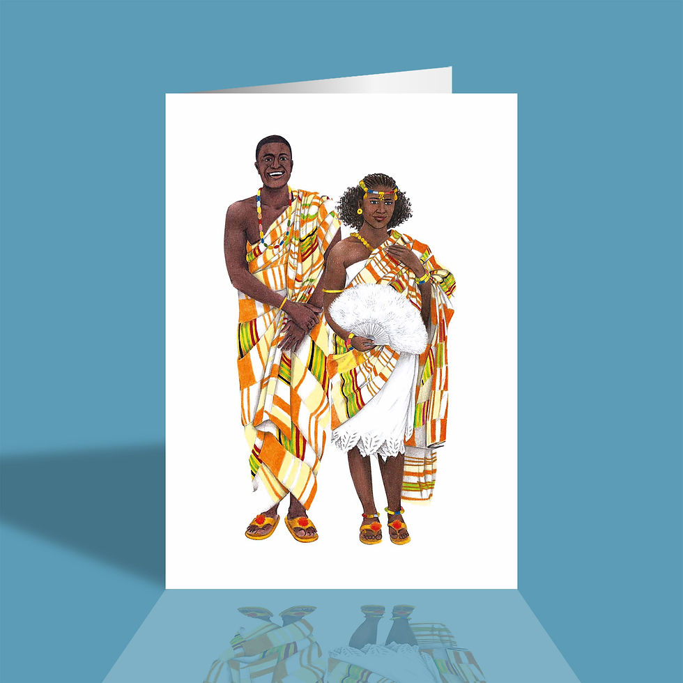 white greetings card depicting an African couple in traditional Kente clothes from Ghana
