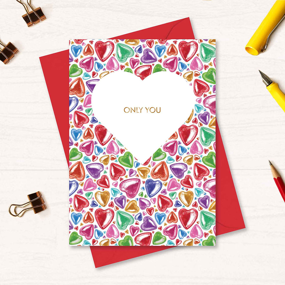 Thumbnail: greetings card with multi coloured hearts around a white heart with the words Only You, red envelope