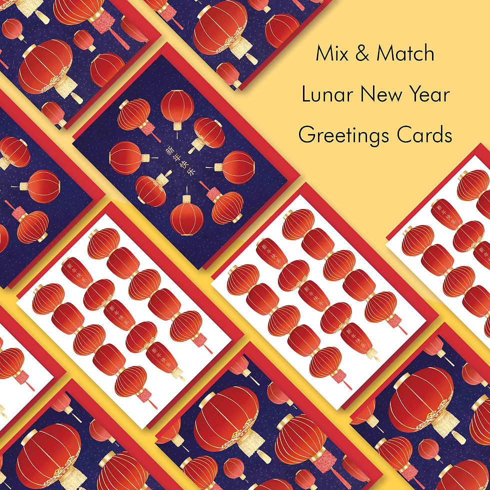 Selection of Lunar New Year greetings cards featuring red and gold Chinese lanterns, red envelopes