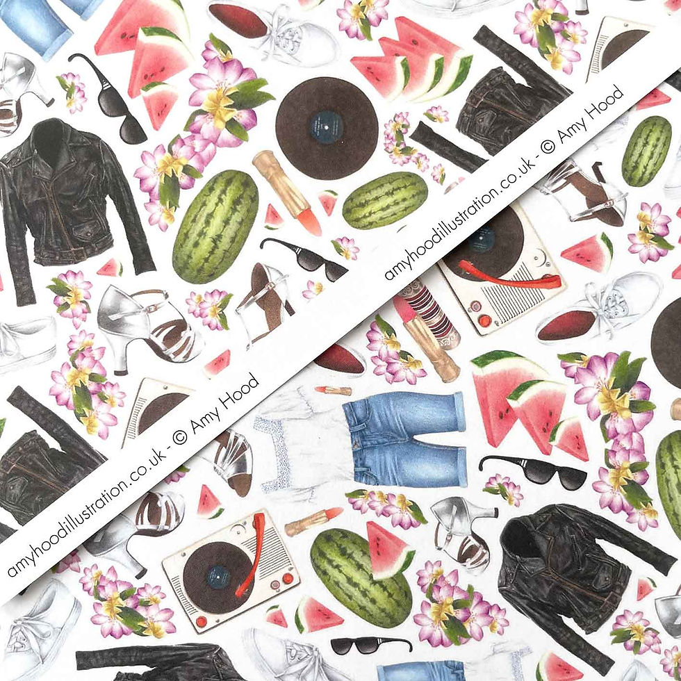 Thumbnail: Gift wrap design featuring hand drawn key colourful references from movie Dirty Dancing against white background with tag
