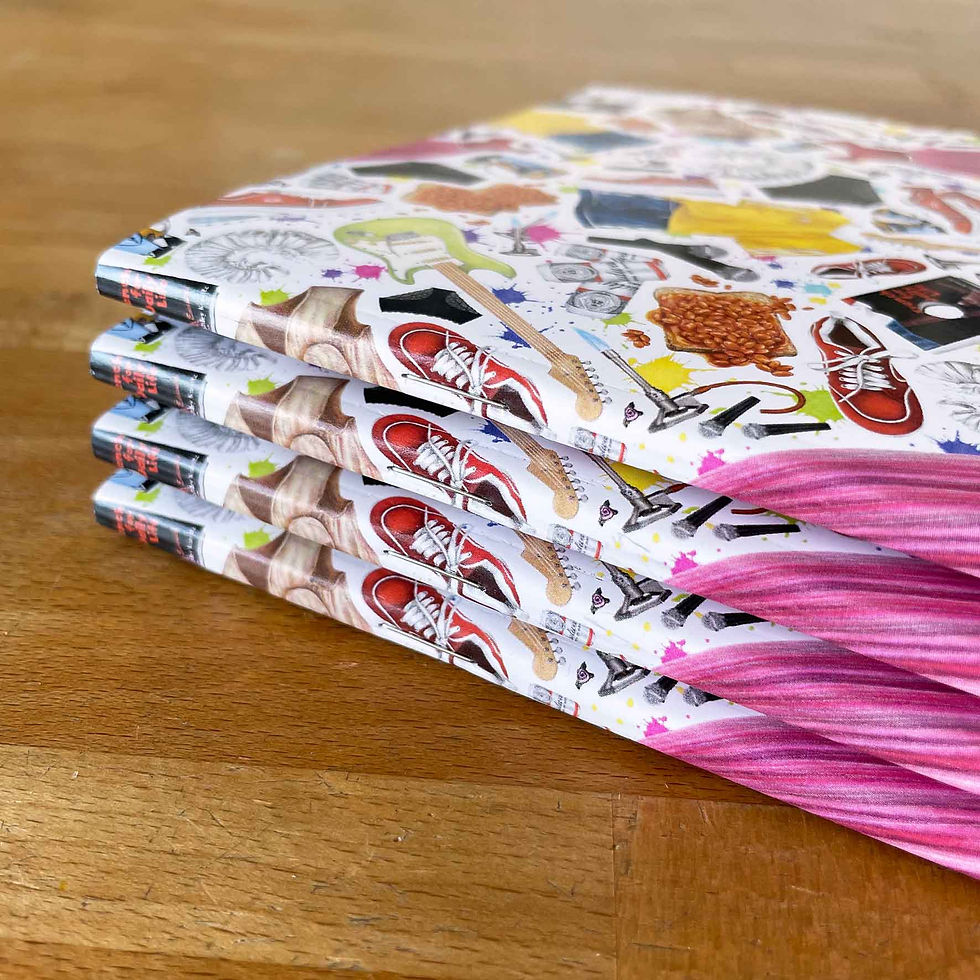 Thumbnail: View of stapled spine notebook cover featuring hand drawn elements from the movie 10 Things I Hate About You
