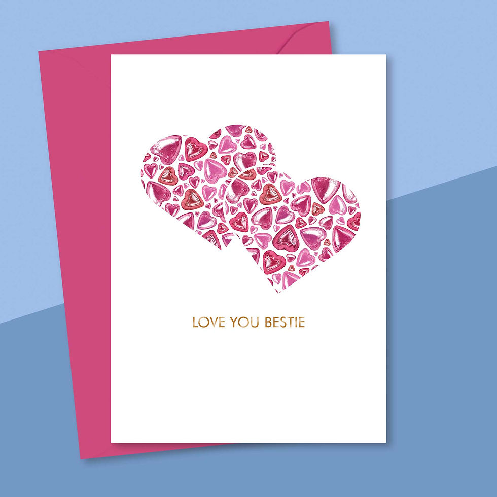 Thumbnail: White greetings card with 2 hearts overlapping full of smaller pink hearts, text says Love You Bestie, with pink envelope