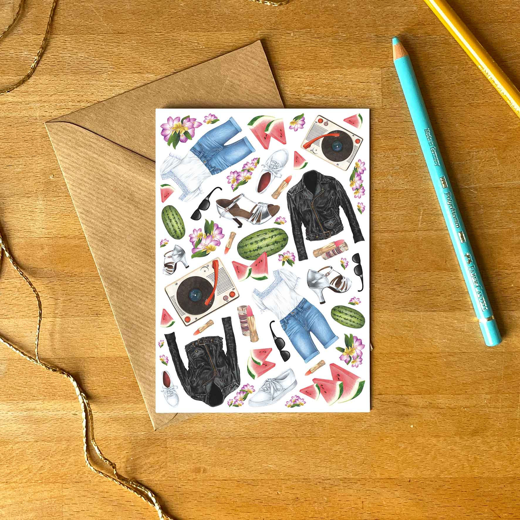 A6 greetings card featuring key visual references from the 80s rom-com film Dirty Dancing with a brown Kraft envelope