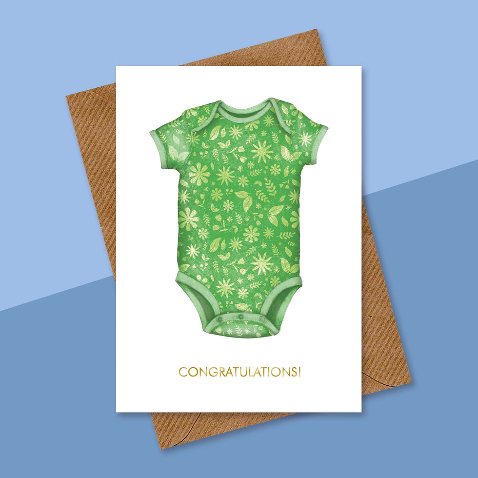 Thumbnail: white greetings card with green baby romper with spring pattern and congratulations text underneath, kraft envelope