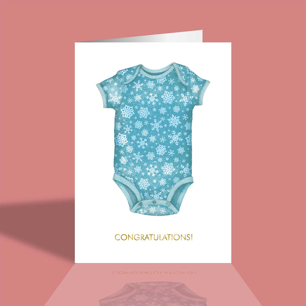 white greetings card with blue baby romper with snowflakes pattern and congratulations text underneath