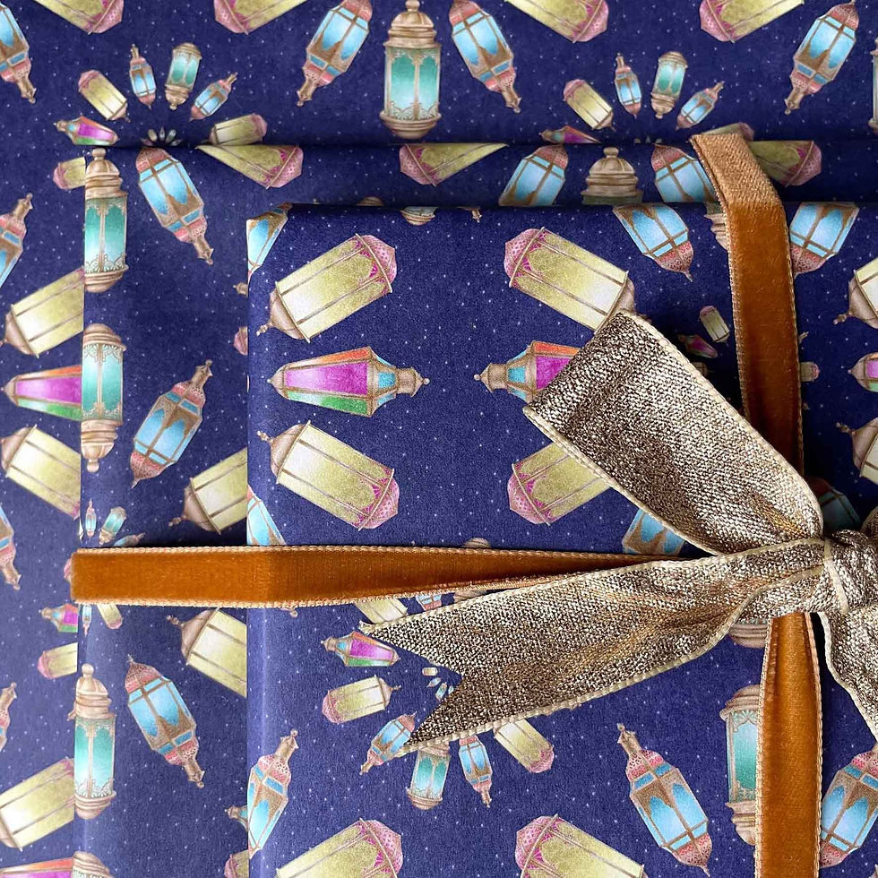 Thumbnail: Eid gift wrap featuring illuminated middle eastern lanterns against a starry night sky with gold ribbons
