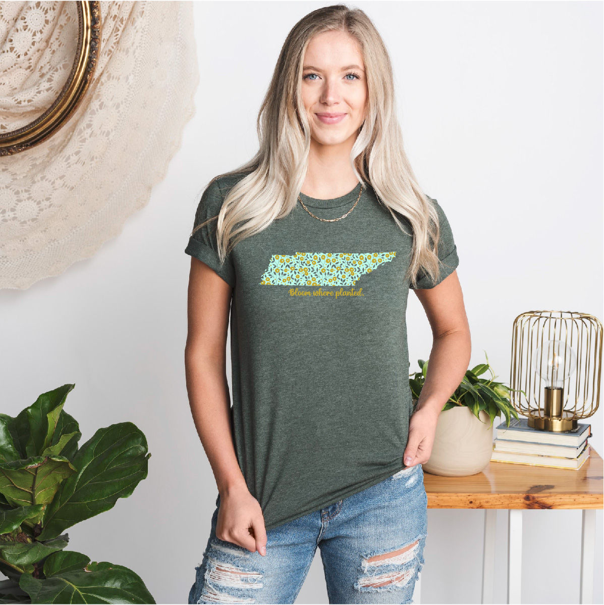 Bloom where planted heather forest tee