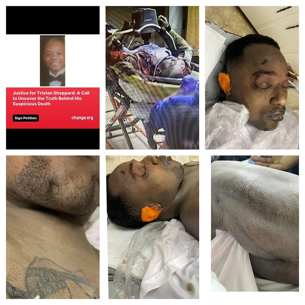 Photo collage of Tristan post mortem and of him being wheeled into the ER.