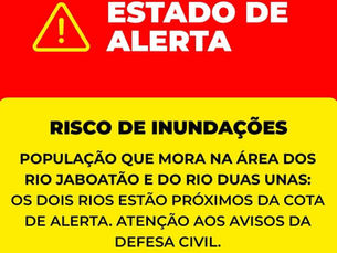 Defesa Civil emite alerta: nível dos rios Duas Unas e Jaboatão atinge cota de atenção
