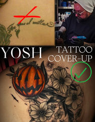 YOSH tattoo cover-up with pumpkin and floral design, artist working on it.