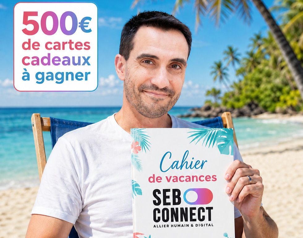 Sébastien sur la plage dans une chaise longue qui présente son cahier de vacances Seb Connect