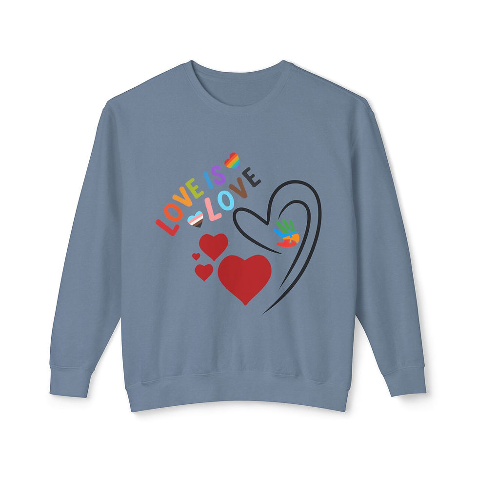 Miniatura: Blue sweatshirt with rainbow 'LOVE IS LOVE' design and hearts